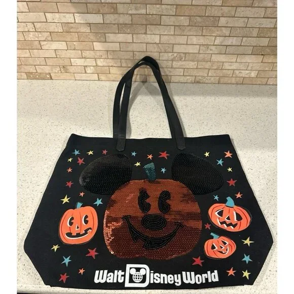 Walt Disney World Halloween black canvas‎ sequin pumpkin tote bag