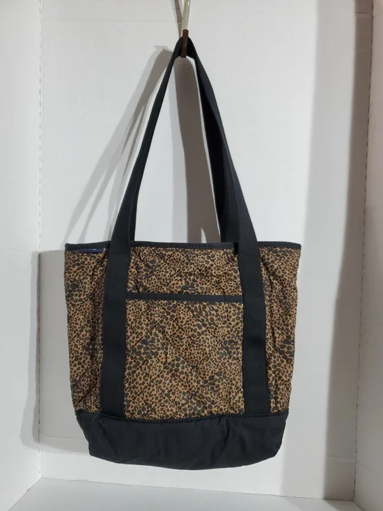 Lands End Leopard Print Canvas Tote Bag with Black Trim