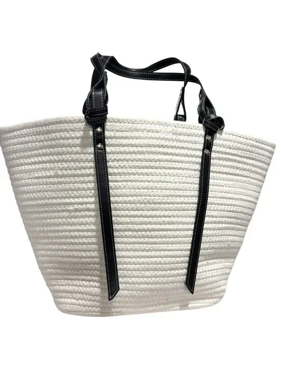 New Large White Woven Tote Bag With Black Faux Leather Handles