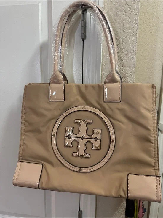 TB Tan Logo Tote with Patent Trim