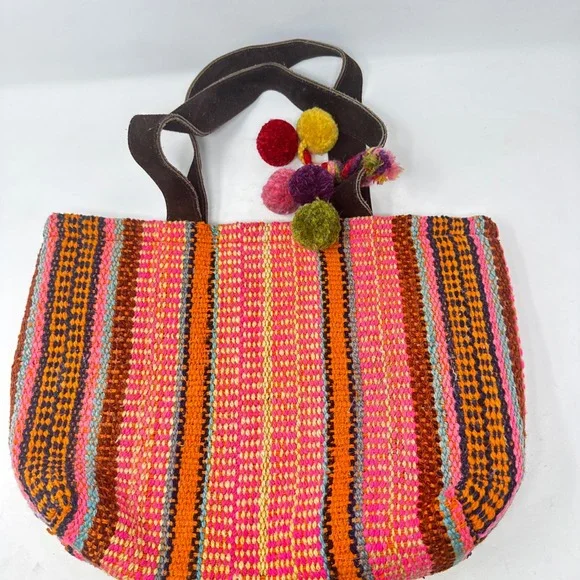 Peruvian Connection Handwoven Tote Bag Pink Striped Wool Pom Pom Boho Artisan