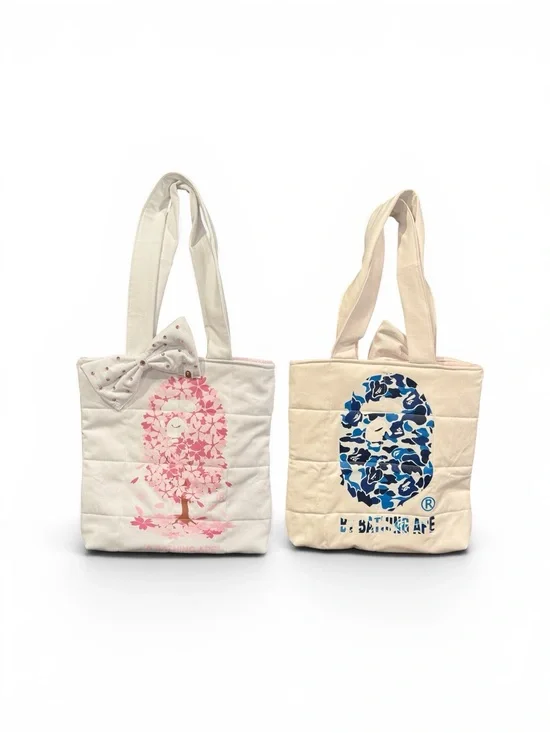 BAPE Women's White Tote Bag with Pink and Blue Graphic