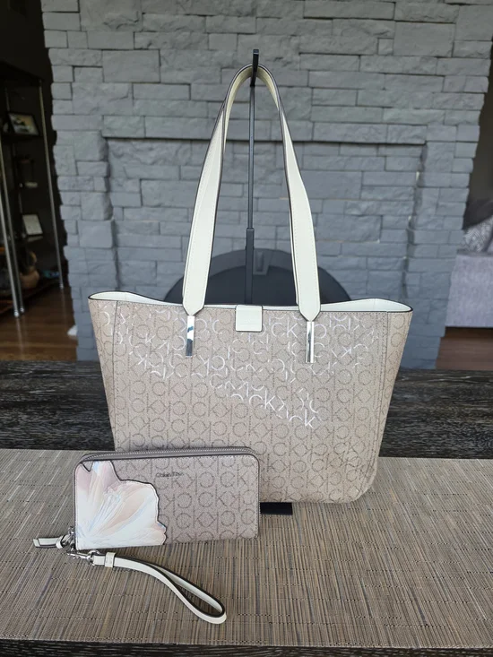Calvin Klein Beige Signature Tote Bag with Wristlet Full Size Wallet