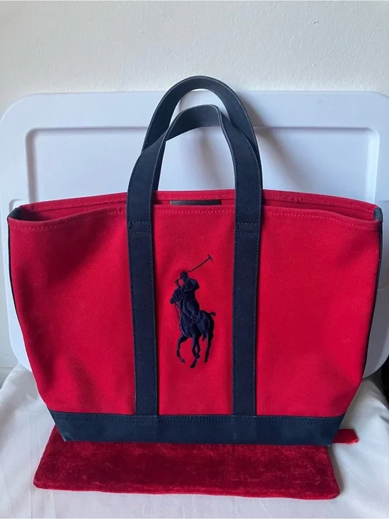 Ralph Lauren Red Navy Blue Thick Canvas Tote Bag Embroidered Pony Logo.