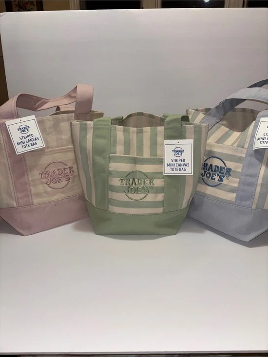 Set of 3 Trader Joe's Striped Mini Canvas Tote Bags Pink,Blue,Green