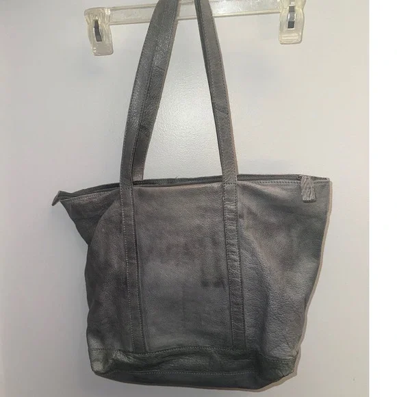 Latico Leathers Gray Pebbled Leather Tote Bag Zippered Shoulder Bag NJ USA