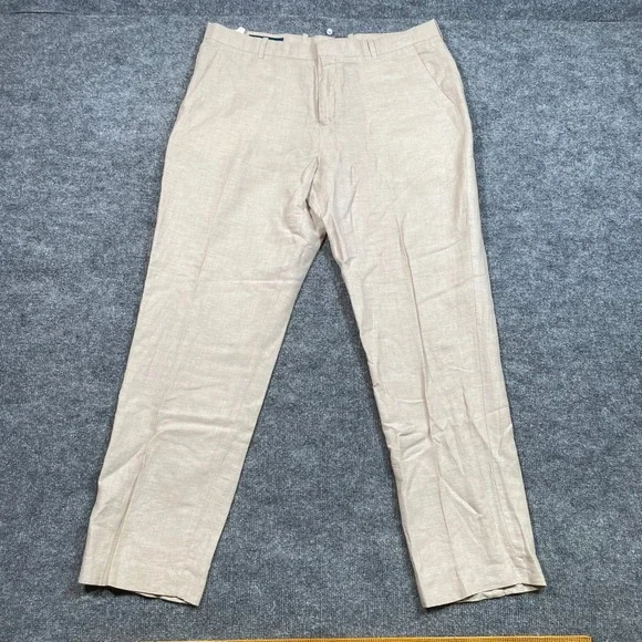 Perry Ellis Mens Tan Linen Blend Flat Front Dress Pants Trousers 38x32 Beige
