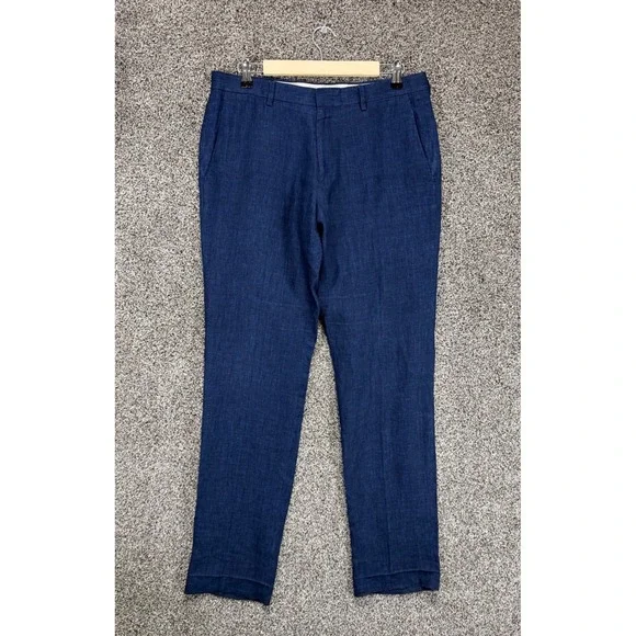 J Crew Ludlow Slim Pants Mens 32/32 Blue Ormezzano Linen Trousers UNHEMMED