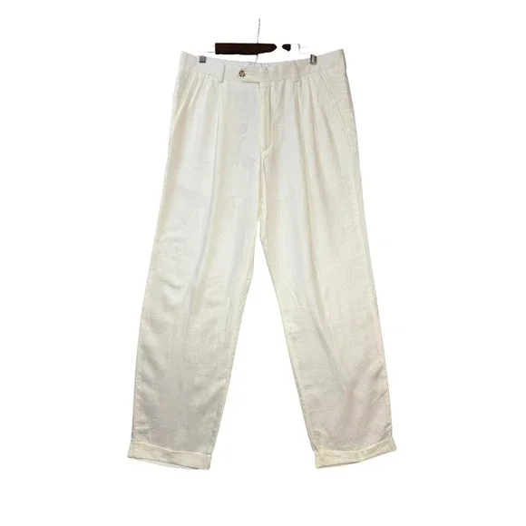 Paul Fredrick Mens Linen Dress Pants 36 x 32 Ivory Pleated Cuffed Hem Preppy