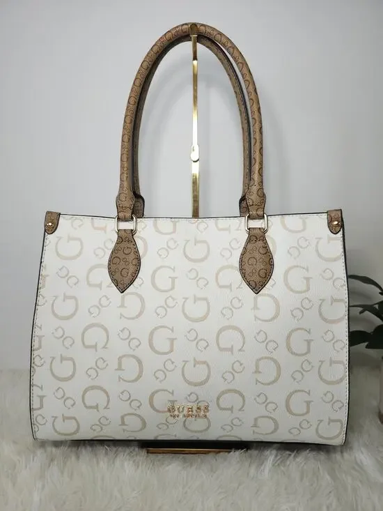 Guess Tote Bag Women's Cream Brown Gold Tone Preppy Classic Monogram Logo
