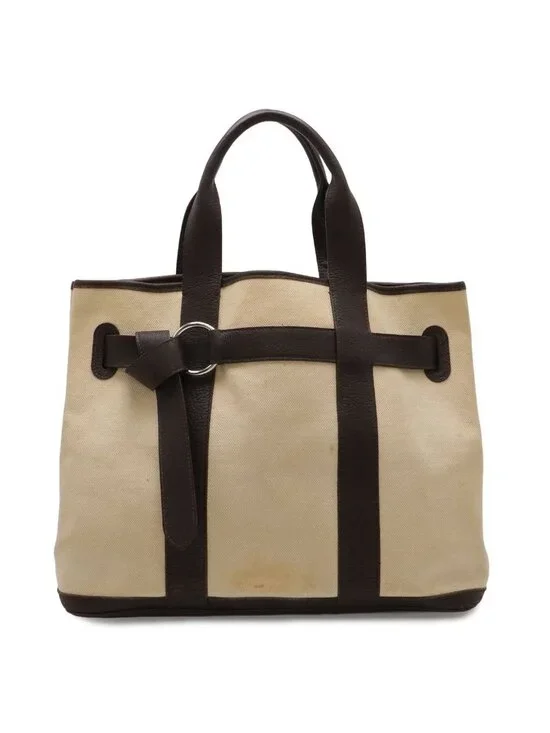 Hermes Petite Ceinture MM Tote Canvas Leather Ivory Dark Brown