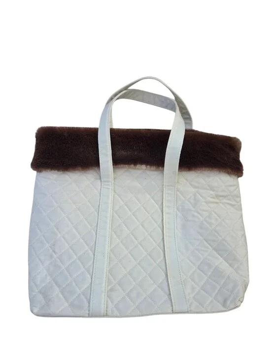 Once Upon A Rose cream quilted bag with brown faux fur top, NWOT.