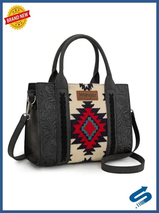 Genuine Leather Aztec Tapestry Western Tote Satchel with Whipstitch Details