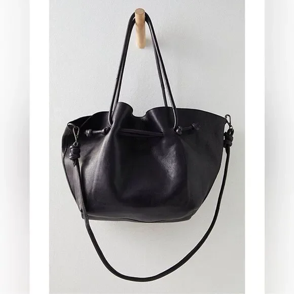 Free People Black Leather Drawstring Head Over Heels Tote