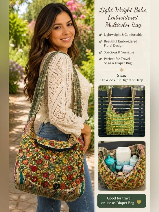 Boho Embroidered Floral Tote Bag - Green Multicolor