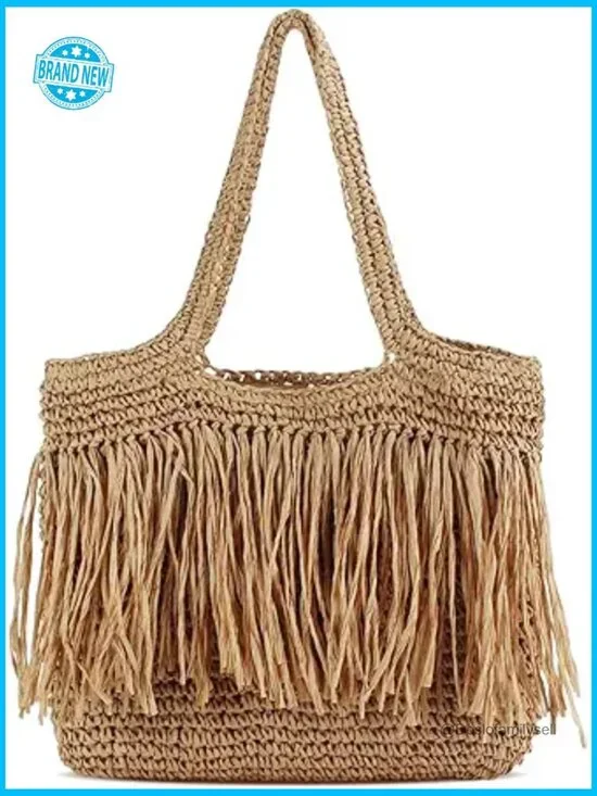 Handwoven Straw Tote Bag Lightweight Fringe Boho Beach Summer Shoulder Bag