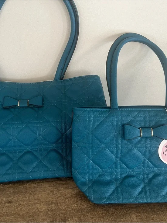 Quilted Teal Bow Tote Bag with matching Mini Tote Bag - Women’s Everyday Handbag