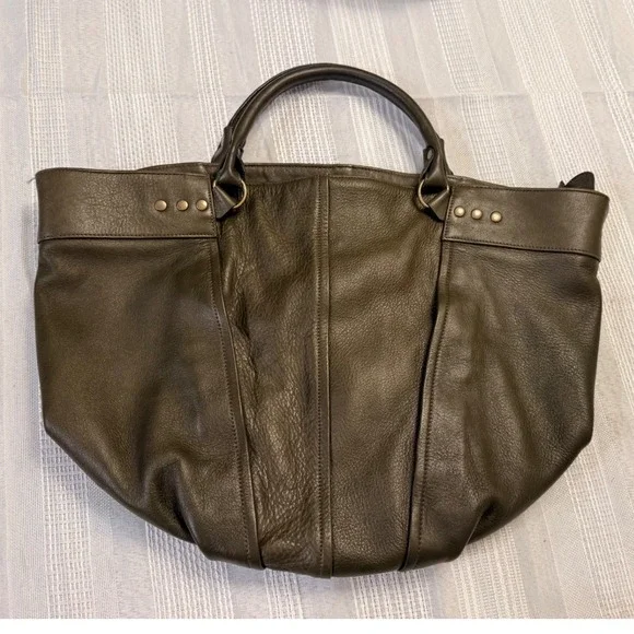 Eileen Fisher Olive Green Leather Tote Bag Hobo Handbag Brass Hardware