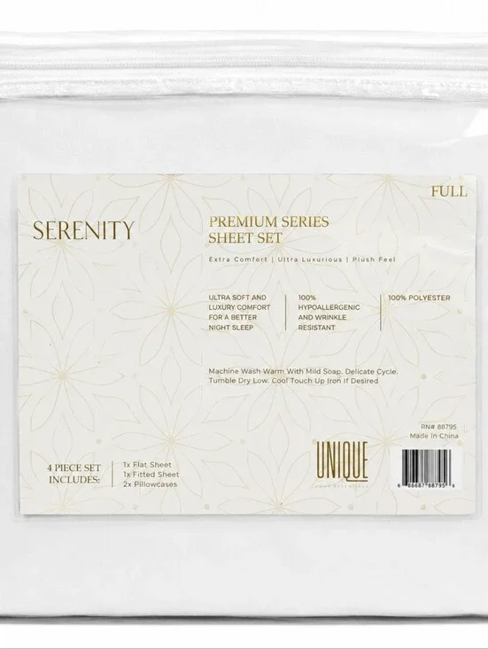 Title: Serenity Premium Series Full Sheet Set White 4 Piece New
