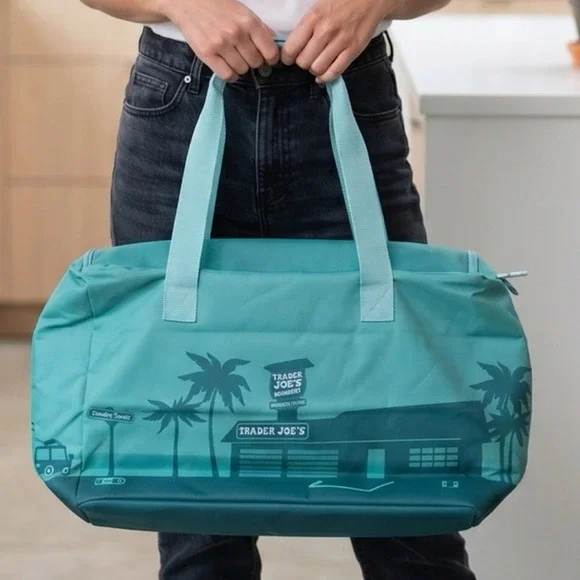 Trader Joe's Dusty Blue Insulated Tote Cooler Bag Reusable Grocery Shopping