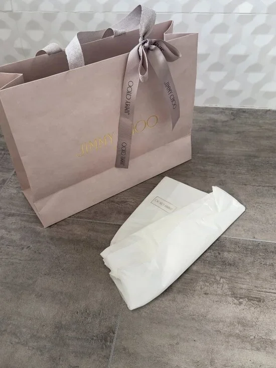 Authentic Jimmy Choo Empty Paper Shopping Bag – Medium Size with Ribbon, Tissue.
