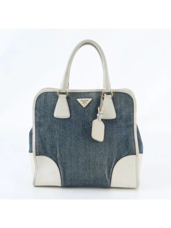 Prada Saffiano Leather Denim Triangle Logo Tote Shoulder Hand
