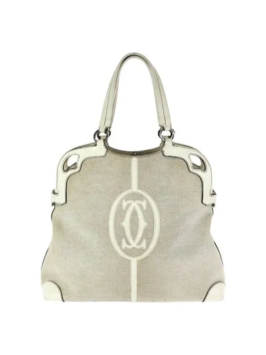 Cartier Marcello de Off White Silver Canvas Leather Tote