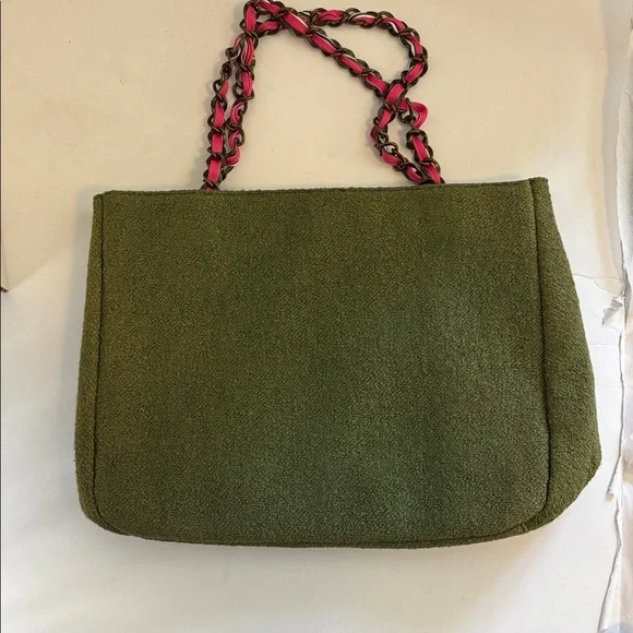 GOLDIE BRAND OLIVE/MOSS GREEN WOOL BAG PINK RIBBON THROUGHOUT BRASS HANDLE