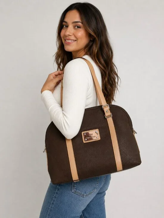 JM New York Brown Pebbled Faux Leather Large Dome Tote Shoulder Bag Beige Trim