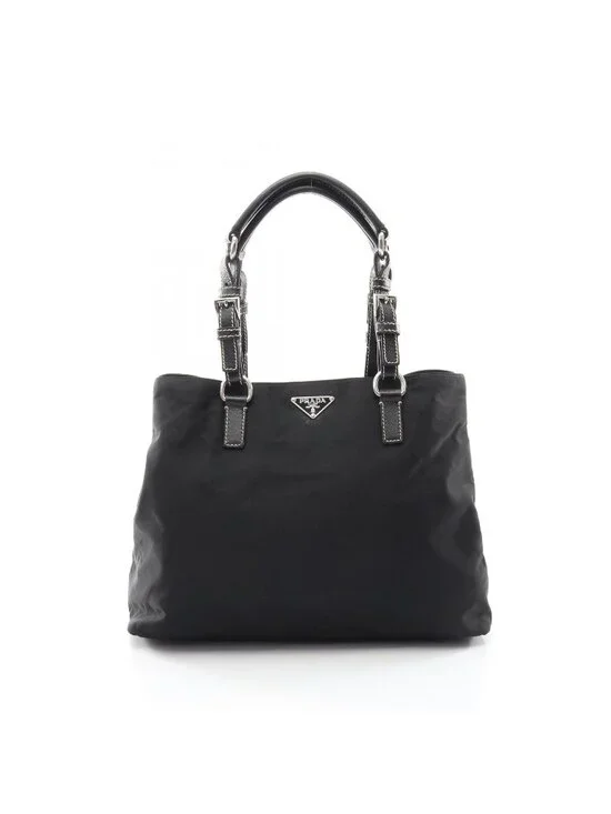 Prada Tote Triangle Logo Black Nylon Saffiano Leather