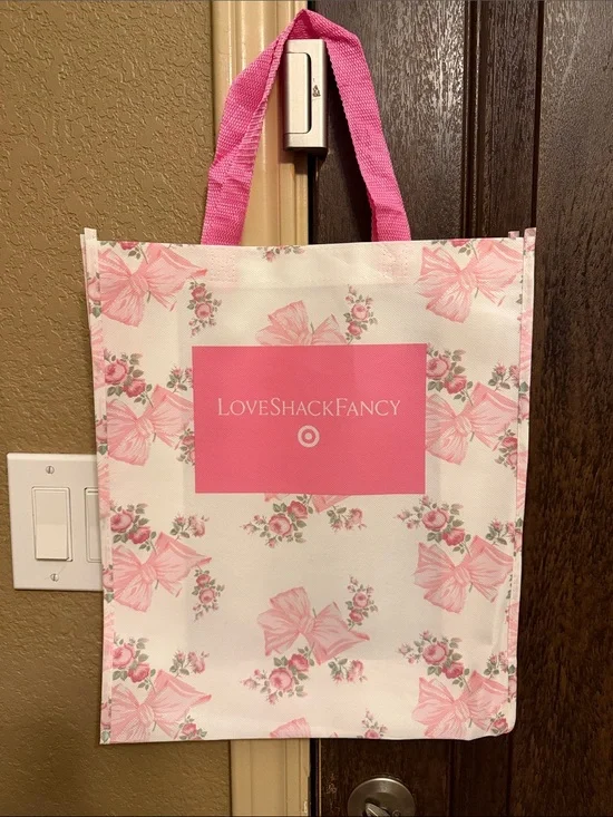 LoveShackFancy Pink White Floral Tote Bag with Bow Print