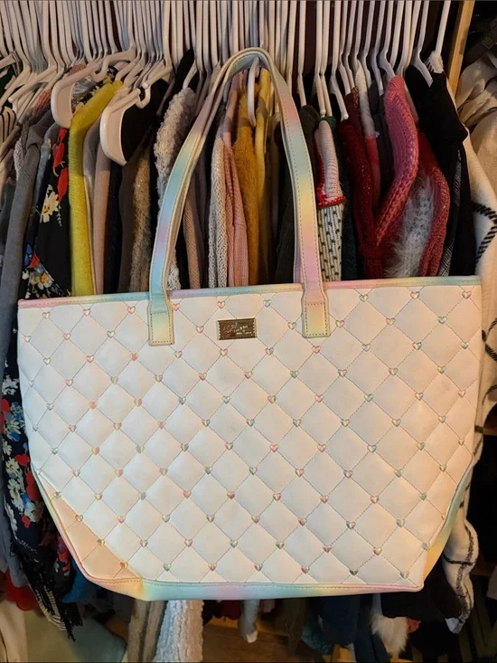 Betsey Johnson White Quilted Tote with Pastel Rainbow Trim