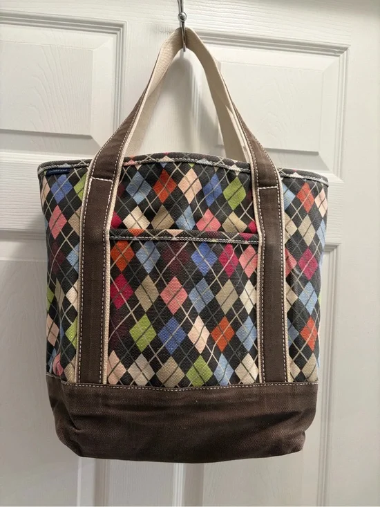Lands’ End Medium Canvas Argyle Tote Bag Brown Multicolor