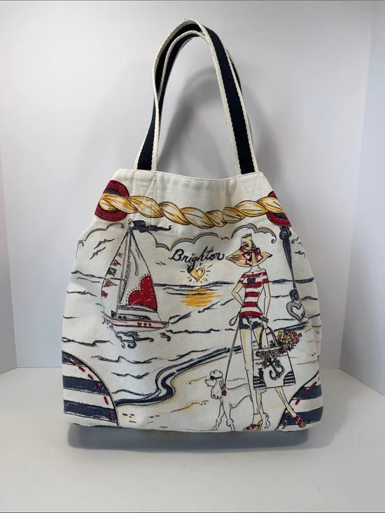 Brighton Cream Navy Red Nautical Canvas Tote Bag with Sunshine Yellow Accents