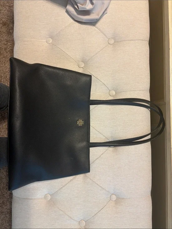 Tory Burch Black Pebbled Leather Double-Strap Tote with Gold Logo
