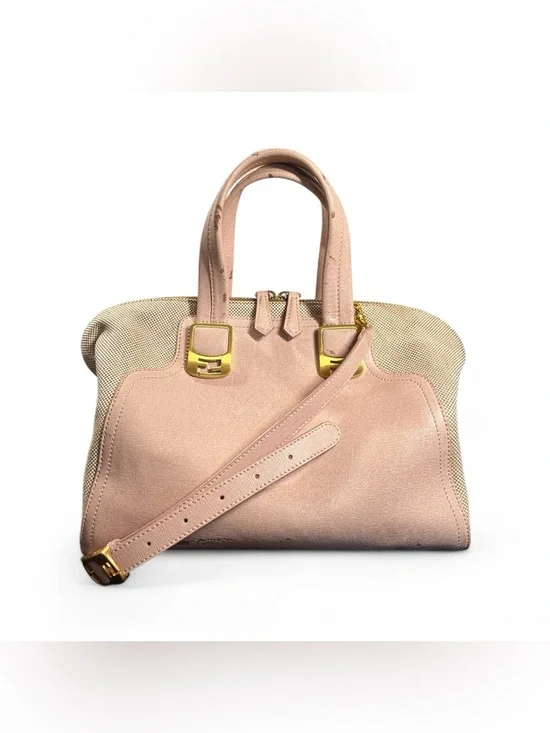 Fendi Chameleon Large Tote Bag 8BL114 Pink Leather Beige Canvas 2-Way Satchel