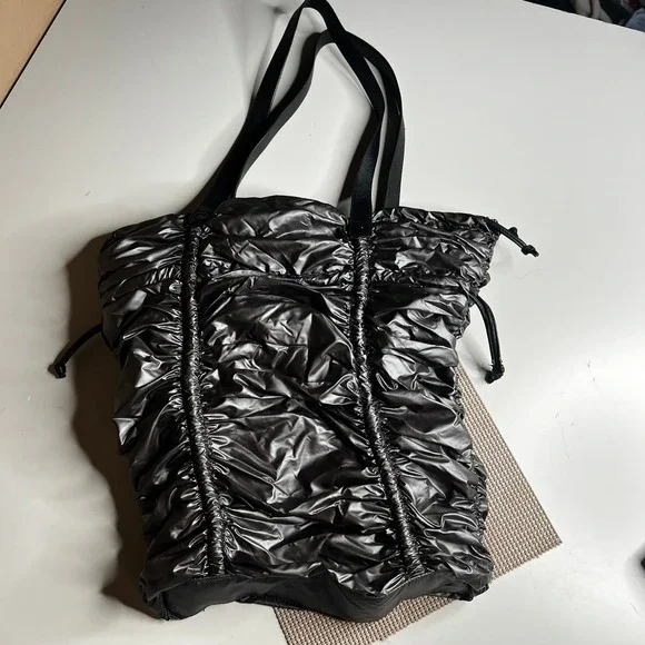 L.A.M.B. Gwen Stefani Metallic Ruched Puffer Tote Bag Houndstooth Lining