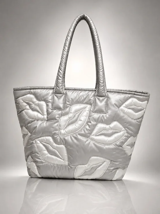 Wildfox Puffy Lips Quilted Tote Silver White NWT Zip Top Carryall