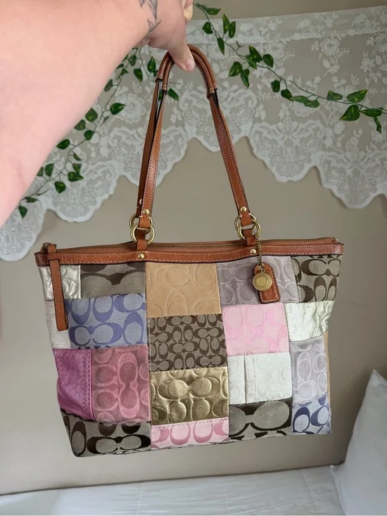 Coach Patchwork Signature Tote in Brown, Pink, Gold, Lavender, Cream