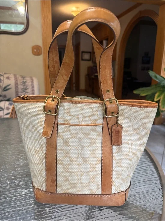 Coach Cream Canvas Tote with Tan Leather Trim
