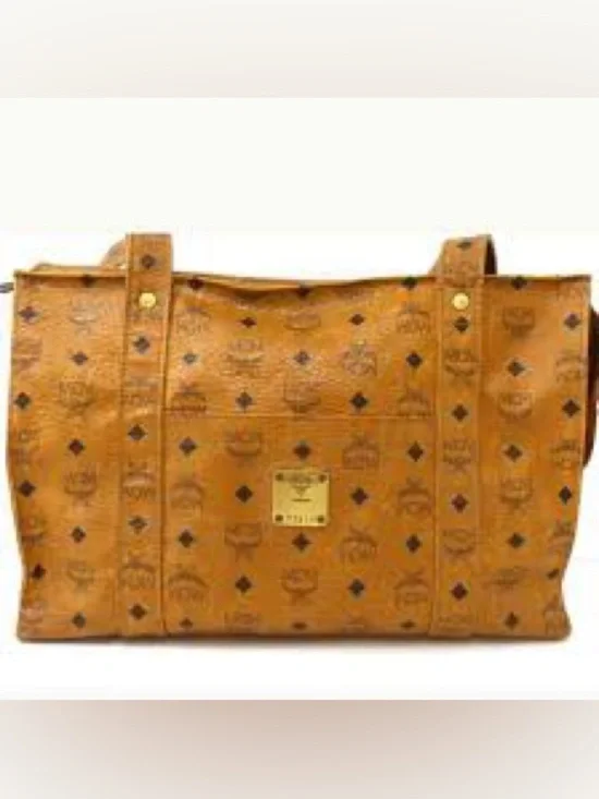 Vintage MCM Cognac Visetos Monogram Shopper Tote with Gold Plaque Large
