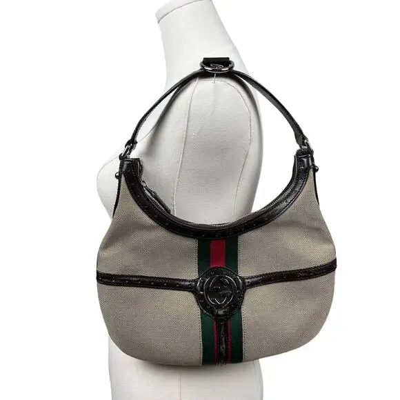 Gucci Tan Canvas GG Emblem Red Green Stripe Brown Leather Trim Web Reins Handbag