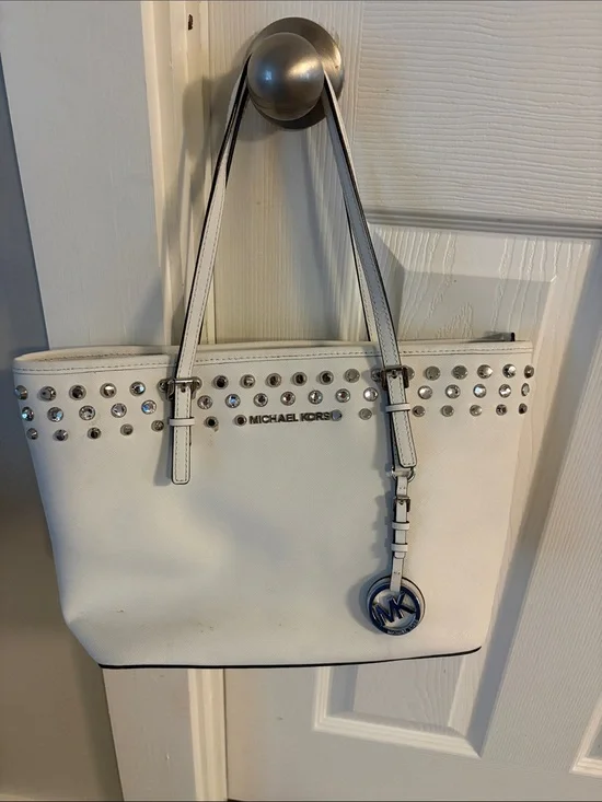 Michael Kors White Studded Saffiano Tote with MK Charm