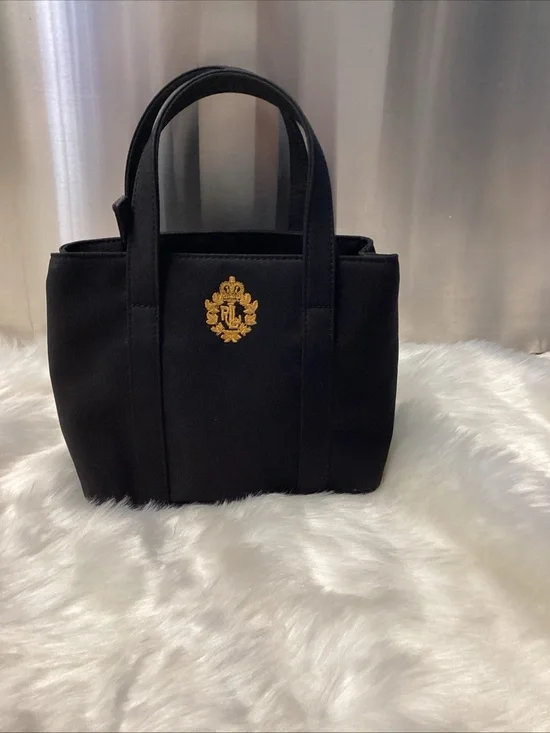 Ralph Lauren Mini Black Tote Bag with Gold Crest Embroidery