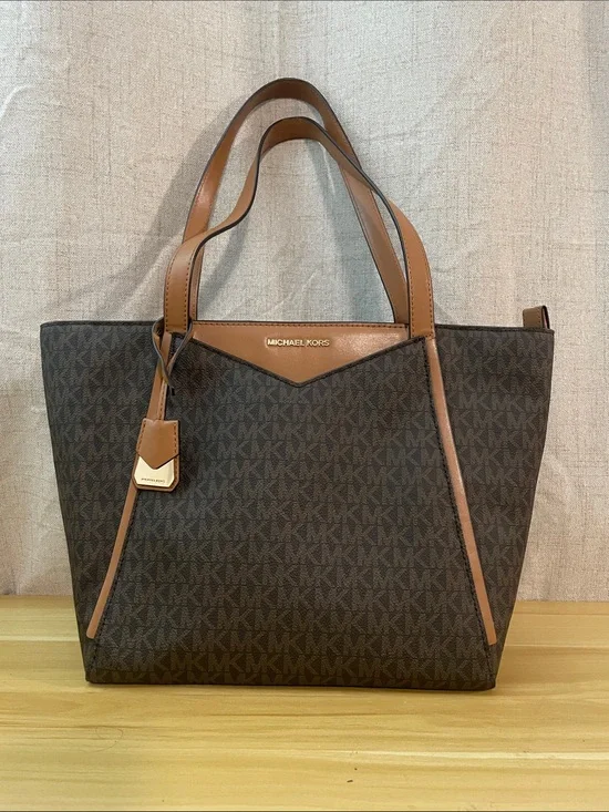 MICHAEL KORS Brown Logo Tote with Tan Trim