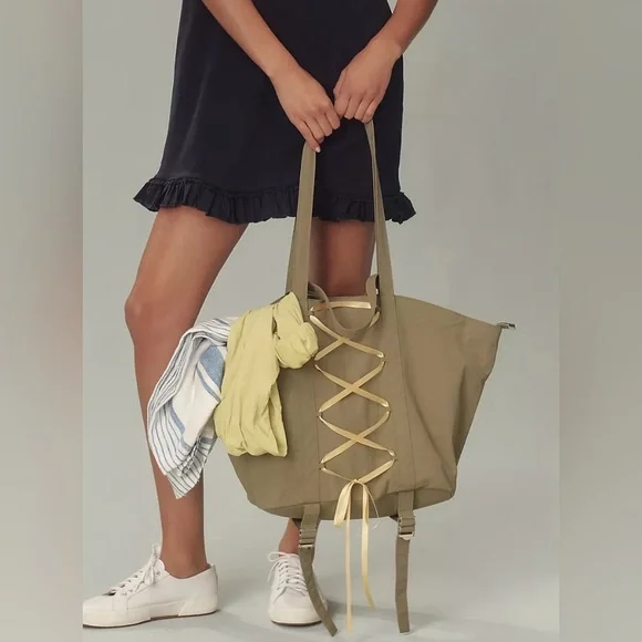 Anthropologie Dasha Lace-Up Tote Bag Trapeze NWT Green Canvas Boho