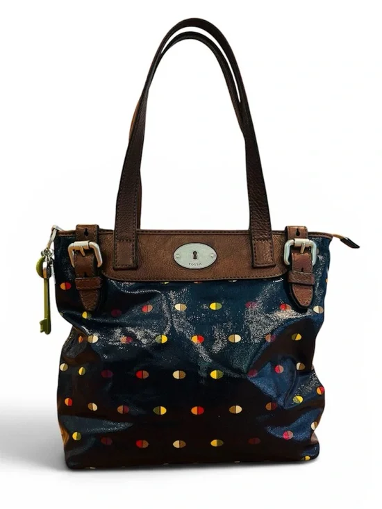 💙Fossil Key-Per Coated Canvas Navy Polkadot Tote w Brown Trim & Straps
