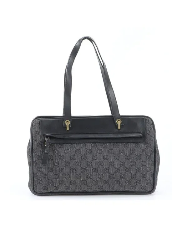 Gucci GG Canvas Leather Tote Shoulder Hand Black