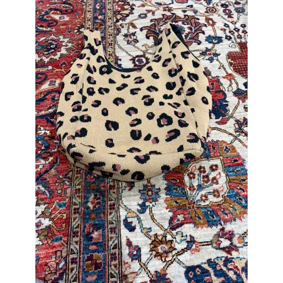 Hansel from Basel Knit Leopard Print Tote Bag Slouchy Shoulder Hobo Tan Cotton