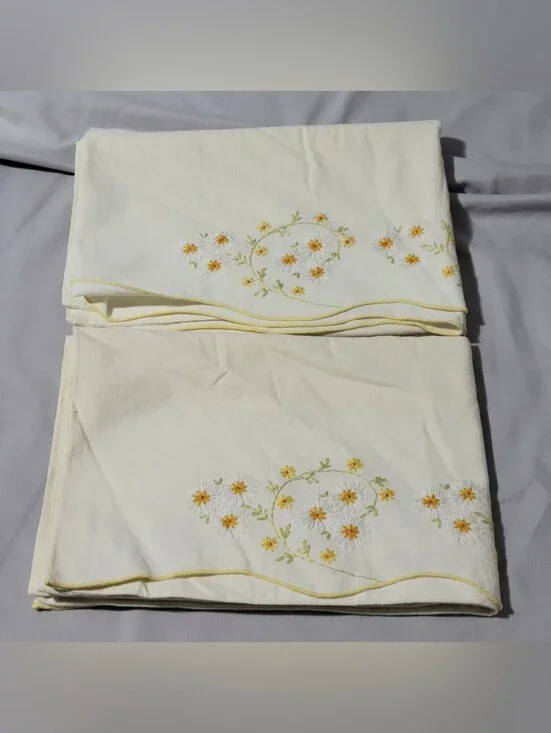 Set Of 2 Standard Vintage Yellow Floral Embroidered Pillowcases